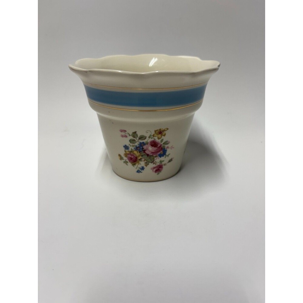 Vintage SR Floral Porcelain Cachepot Planter Blue Band Gold Trim Scalloped Rim
